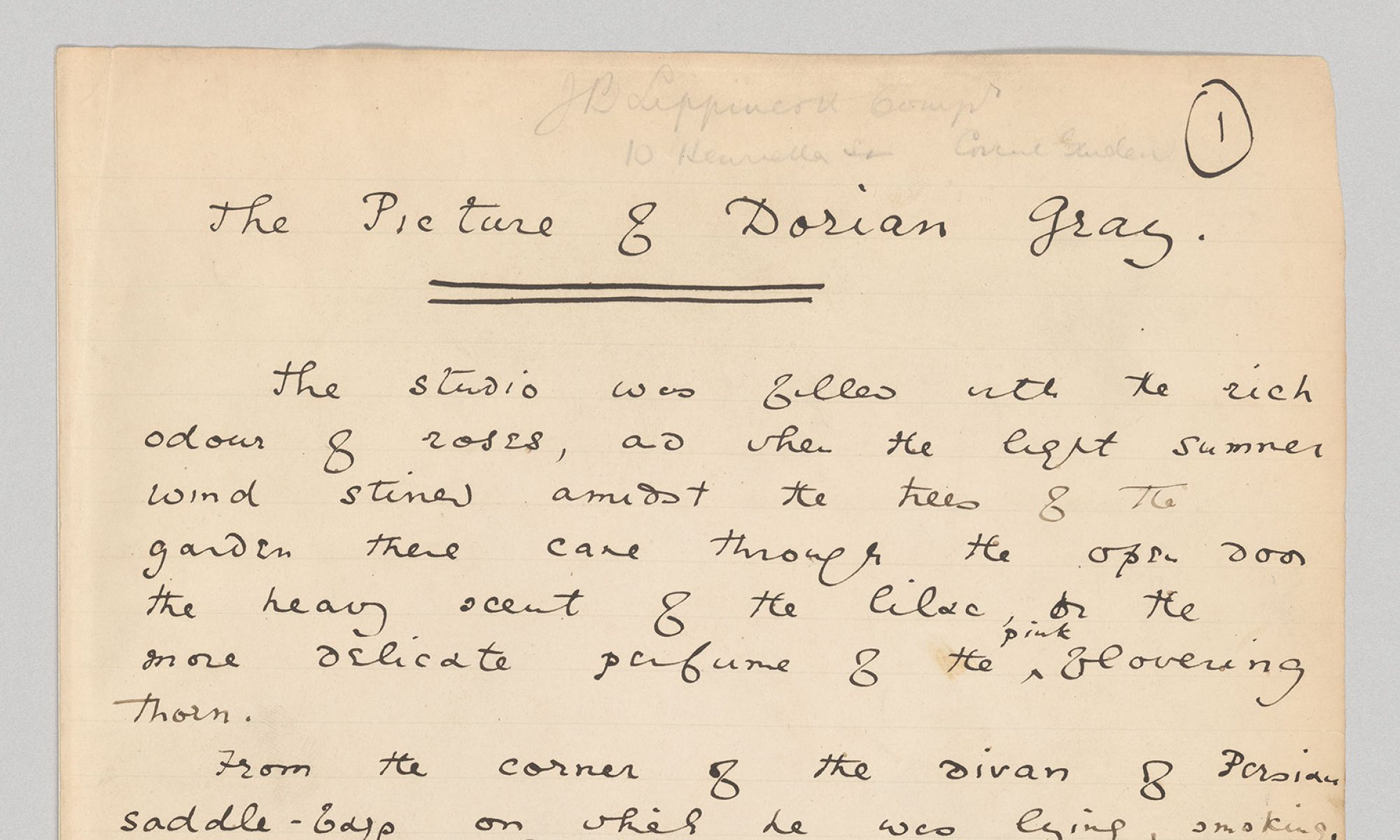 Oscar Wilde, primera página del manuscrito de 'El Retrato de Dorian Gray'. 1890.